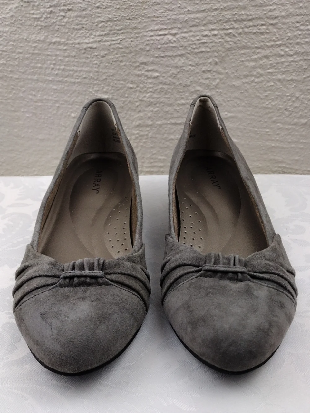 Array Grey Suede Leather Ruching Upper Almond Toe Slip On Low Wedged Heel Shoe